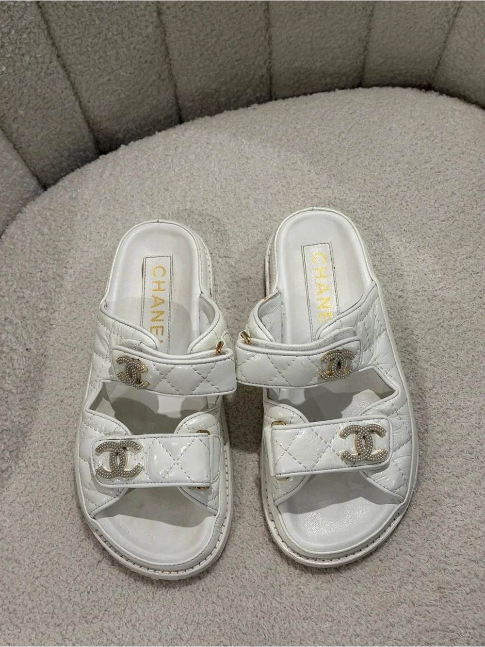 CHANEL White Quilted Double-Strap Slide Sandals with Gold CC